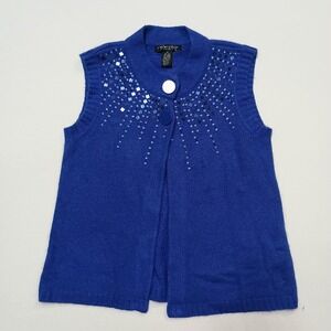 Pine Needles New York Blue Silk Wool Blend Sleeveless Sweater Vest Sequin Medium